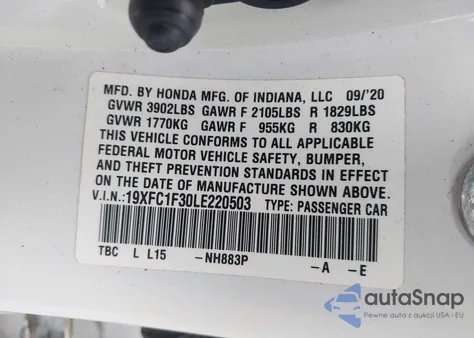 2020 Honda Civic Ex from USA, damaged, VIN 19XFC1F30LE220503